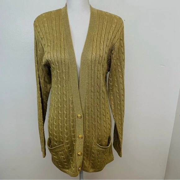 Vtg Outlander Cardigan Woman Small Gold Metallic Chunky  Pockets Oversized Work - Picture 1 of 12
